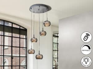 Arian dimmable 5 light pendant shown displayed in a room